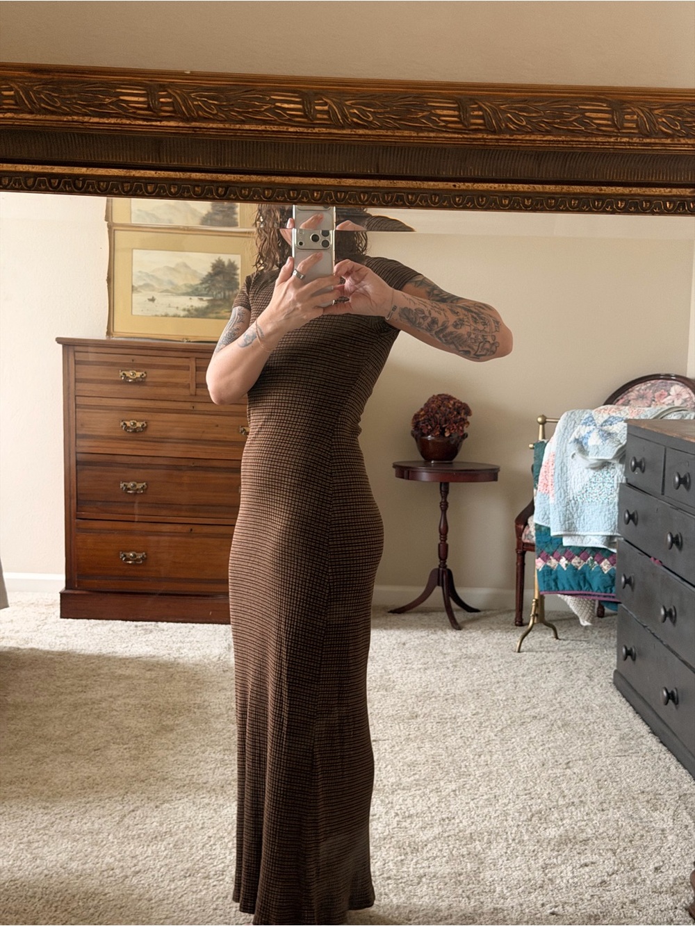 Vintage 90s Xhilaration Brown Ribbed Knit Maxi Dress – Size S (Made in USA)
